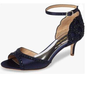 XYD Navy Chic Peep Toe D'Orsay Kitten Heel Rhinestone Studs Ankle Strap Sandals